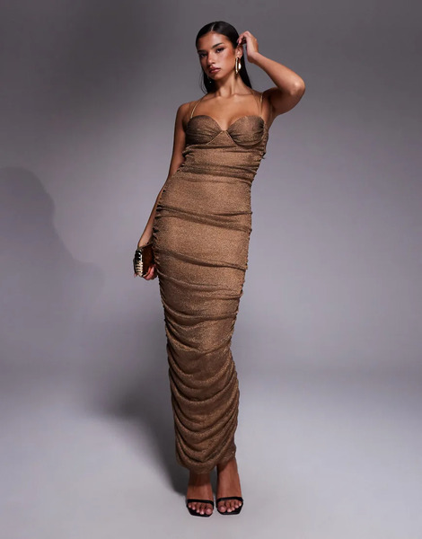  Jluxlabel Vestido Largo Color Bronce Dorado Metalizado De Tirantes Con Cuerpo Estilo Corpiño Y Espalda Abierta Con Lazada De Jluxlabel-brown 