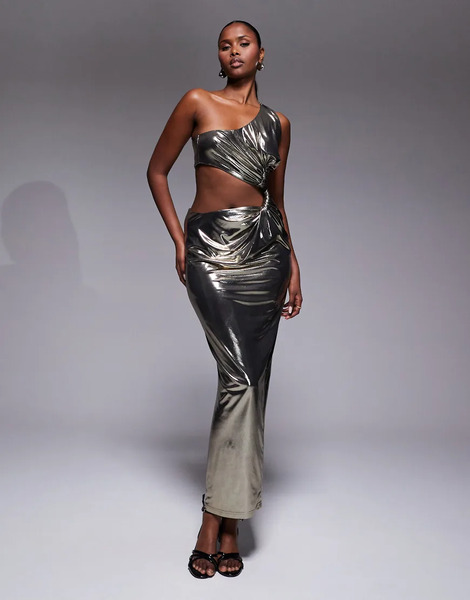  Jluxlabel Vestido Largo Dorado Metalizado Asimétrico Con Detalle De Nudo Y Abertura De Tejido Elástico Joce De Jluxlabel 
