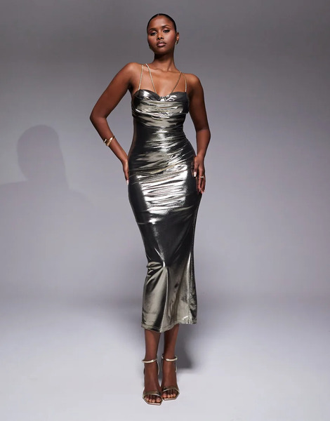  Jluxlabel Vestido Midi Dorado Metalizado Con Cuerpo Estilo Corpiño Y Cuello Desbocado Visions Of You De Jluxlabel-plateado 