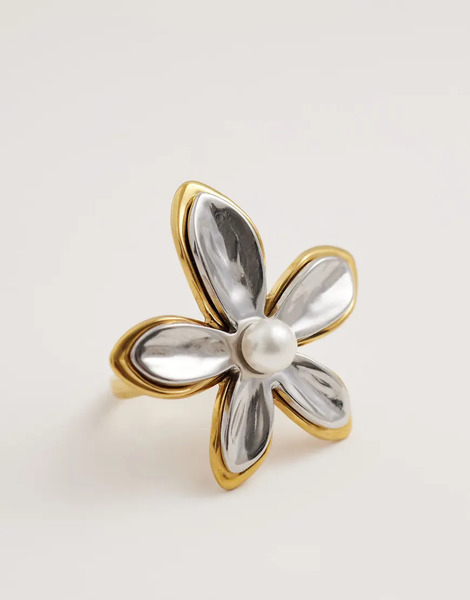 Kaiia Anillo Plateado Y Dorado Ajustable Con Diseño Floral De Acero Inoxidable Chapado En Oro De 18 Quilates Exclusivo De Kaiia-multicolor 