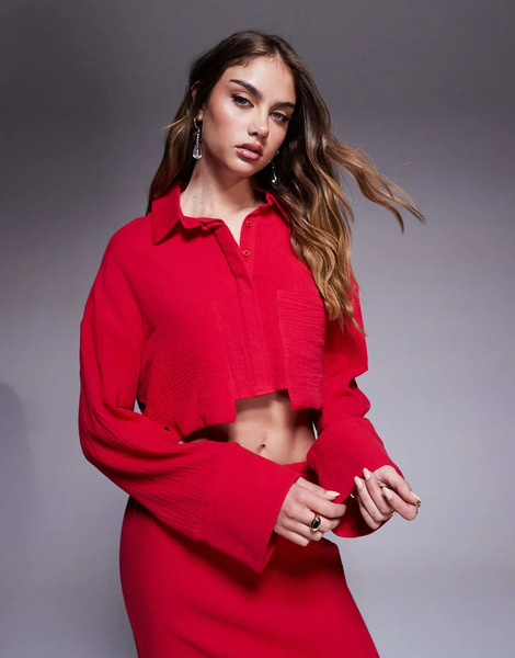  Kaiia Camisa Corta Roja Extragrande Con Lazada En La Espalda De Tejido Texturizado De Algodón Exclusiva De Kaiia (parte De Un Conjunto)-marrón 