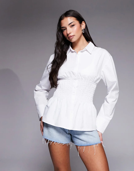  Kaiia Camisa De Sastre Blanca Con Cintura Entallada Fruncida De Tejido Rico En Algodón Exclusiva De Kaiia-blanco 