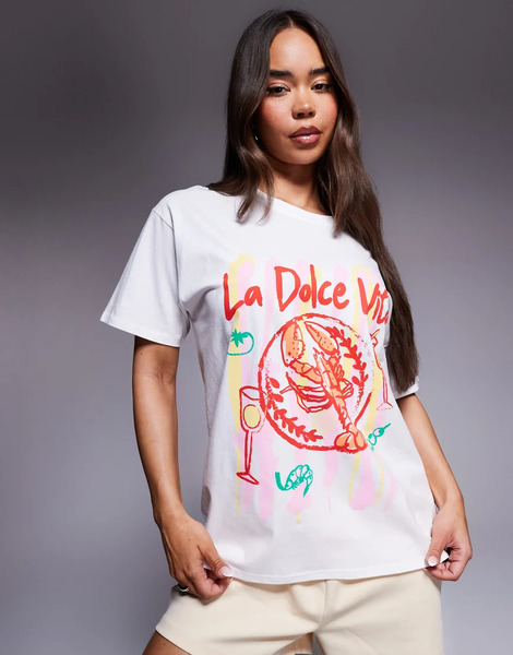  Kaiia Camiseta Blanca Extragrande Con Estampado Gráfico De Langosta Y Texto la Dolce Vita De Algodón Exclusiva De Kaiia-blanco 
