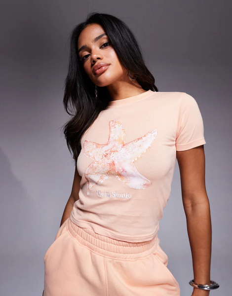  Kaiia Camiseta Corta Naranja Melocotón Entallada Con Estampado Gráfico De Estrella De Mar Y Logo Bordado De Tejido Rico En Algodón De Kaiia (parte De Un Conjunto)-rosa 