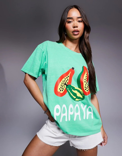  Kaiia Camiseta Verde Extragrande Con Estampado Gráfico De Papaya De Tejido Rico En Algodón Exclusiva De Kaiia 