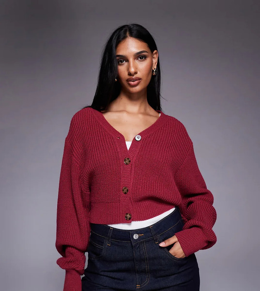  Kaiia Cárdigan Color Arándano Con Mangas Globo, Cuello De Pico Y Botones Delanteros Exclusivo De Kaiia-rojo 