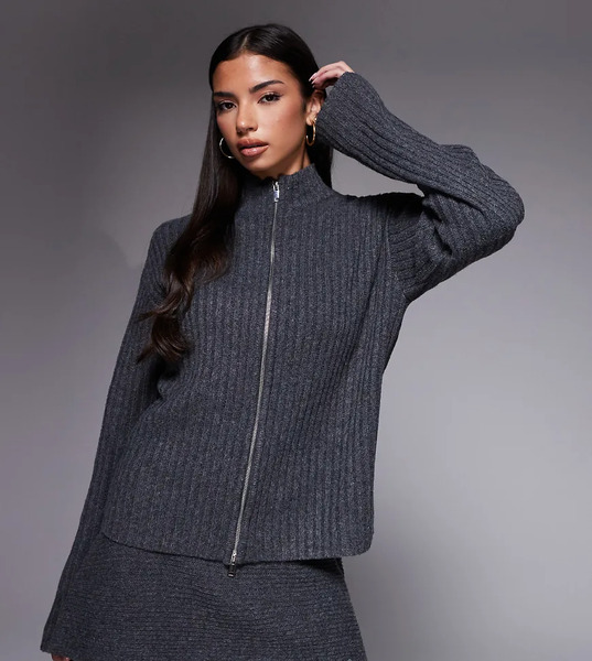  Kaiia Cárdigan Gris Carbón Con Cuello Alzado Y Cremallera De Canalé Exclusivo De Kaiia (parte De Un Conjunto) 