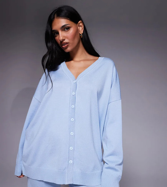 Kaiia Cárdigan Largo Azul Pastel Holgado Abotonado Con Cuello De Pico De Punto Exclusivo De Kaiia (parte De Un Conjunto) 