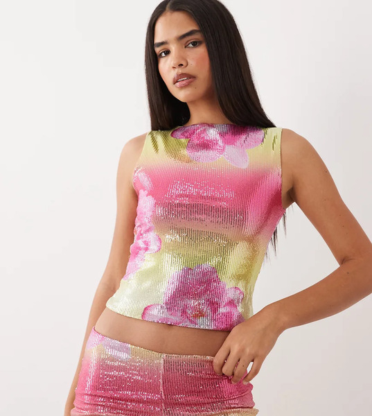  Kaiia Kaiia - Colección Exclusiva - Top Amarillo Limón Y Rosa Sin Mangas Con Cuello Barco Y Estampado Floral De Lentejuelas (parte De Un Conjunto)-multicolor 