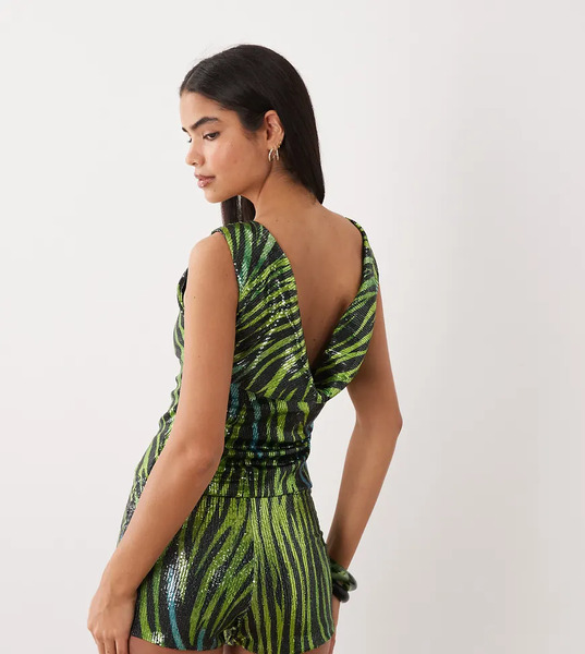  Kaiia Kaiia - Colección Exclusiva - Top Azul Y Verde Con Estampado De Cebra, Cuello Barco Y Espalda Desbocada De Lentejuelas (parte De Un Conjunto) 