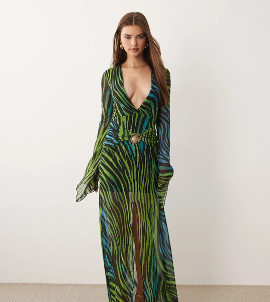  Kaiia Kaiia Exclusive - Vestido Largo Azul Y Verde Escotado De Manga Larga Con Estampado De Cebra, Abertura Y Detalle De Metal-multicolor 