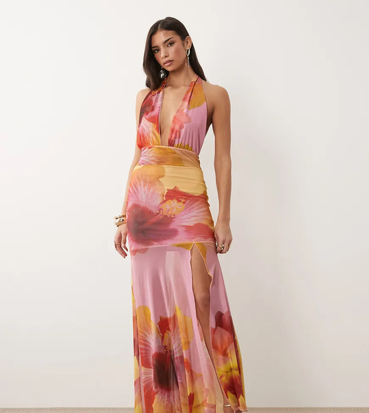  Kaiia Kaiia Exclusive - Vestido Largo Rosa Y Amarillo Limón Escotado Con Estampado Floral, Gargantilla Y Detalle De Bajo Transparente 