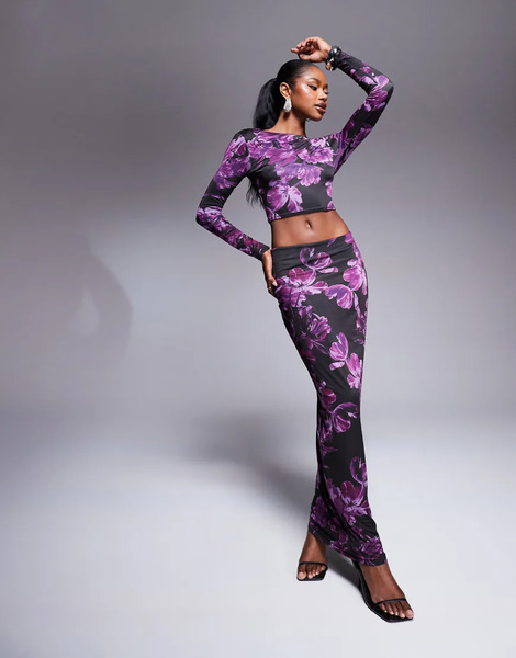  Kaiia Falda Larga Ajustada Y Ceñida Con Estampado Morado Y Diseño De Doble Capa Exclusiva De Kaiia (parte De Un Conjunto)-multicolor 