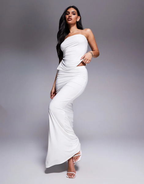  Kaiia Falda Larga Blanca Ceñida Con Diseño De Doble Capa, Lateral Fruncido Con Lazada Y Abertura Hasta El Muslo Exclusiva De Kaiia (parte De Un Conjunto)-blanco 