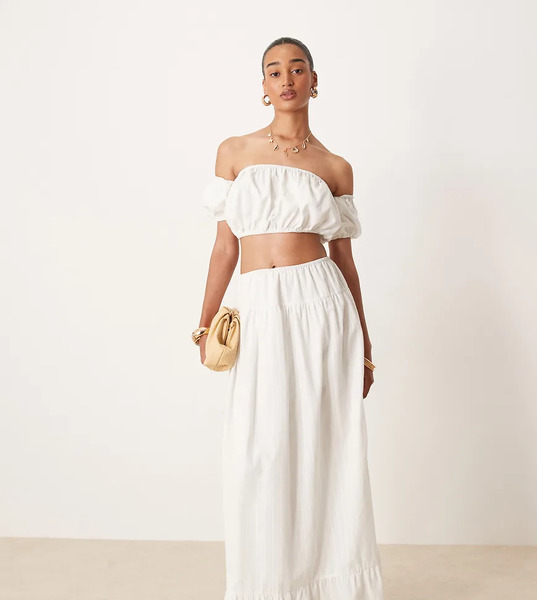 Kaiia Falda Larga Blanca Fruncida De Estilo Campestre De Algodón Exclusiva De Kaiia (parte De Un Conjunto)-blanco 