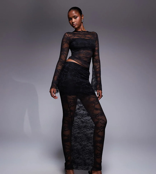  Kaiia Falda Larga Negra Ceñida De Encaje Con Bajo Transparente Exclusiva De Kaiia (parte De Un Conjunto)-negro 