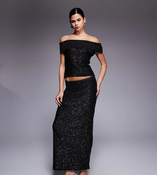  Kaiia Falda Larga Negra Con Escote Bardot De Punto Y Lentejuelas Exclusiva De Kaiia (parte De Un Conjunto)-negro 