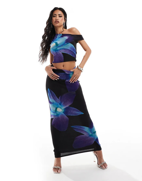  Kaiia Falda Larga Negra Y Azul De Corte Recto Con Estampado Floral De Malla Exclusiva De Kaiia (parte De Un Conjunto)-multicolor 
