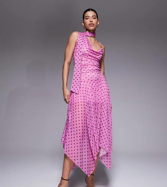  Kaiia Falda Larga Rosa Ceñida Con Estampado De Lunares Marrones Y Bajo De Picos De Malla Exclusiva De Kaiia (parte De Un Conjunto)-multicolor 