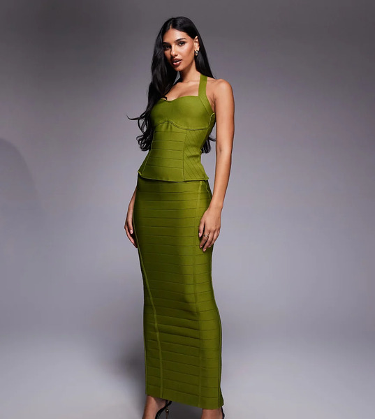  Kaiia Falda Larga Verde Oliva Ajustada De Estilo Bandage Con Diseño Moldeador Premium Exclusiva De Kaiia (parte De Un Conjunto) 