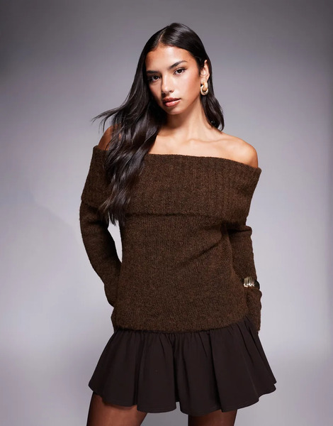  Kaiia Jersey Marrón Chocolate Con Escote Bardot Ancho Plegado De Punto Texturizado Con Tacto De Lana Exclusivo De Kaiia-brown 
