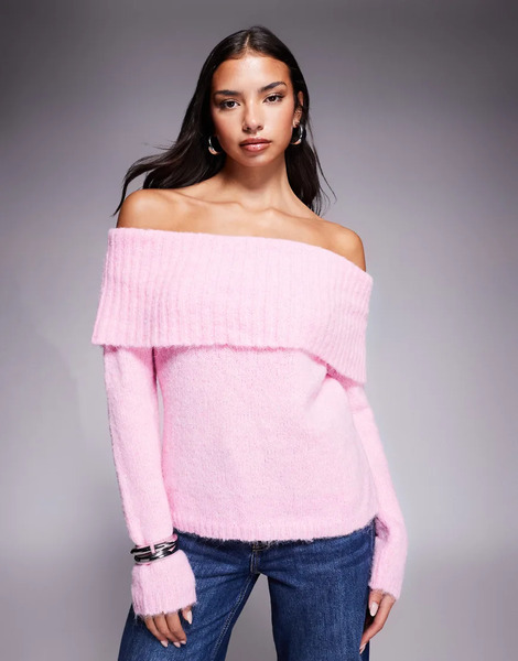  Kaiia Jersey Rosa Pastel Con Escote Bardot Ancho Plegado De Punto Texturizado Con Tacto Efecto Lana Exclusivo De Kaiia 