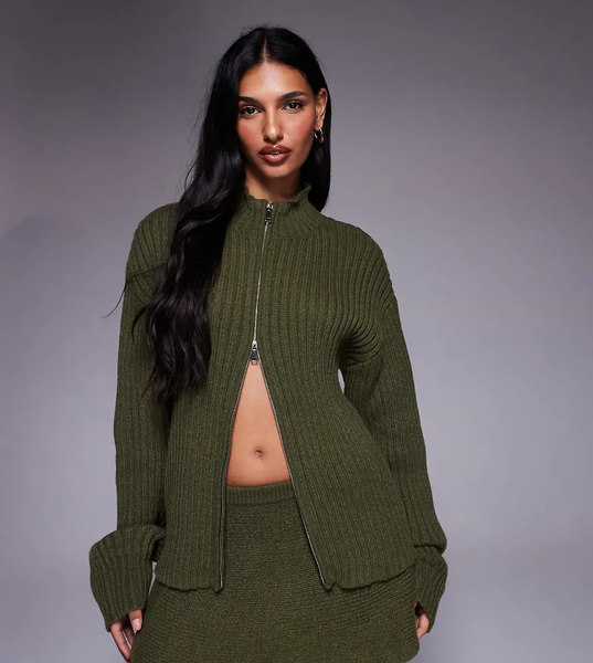  Kaiia Jersey Verde Oliva Con Cremallera Doble De Punto De Canalé Exclusivo De Kaiia (parte De Un Conjunto) 