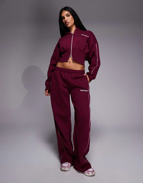  Kaiia Joggers Burdeos Y Rosa Pastel De Pernera Ancha Con Raya Lateral De Tejido Rico En Algodón De Kaiia Sport (parte De Un Conjunto)-rojo 
