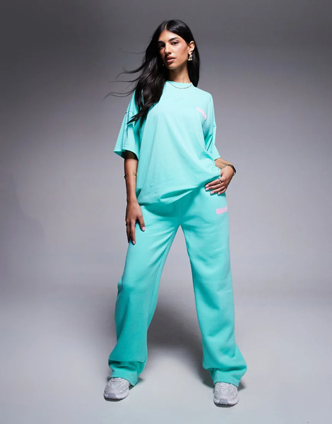 Kaiia Joggers Color Aguamarina Y Rosa Pastel De Pernera Ancha Con Logo Estampado En Relieve De Mezcla De Algodón De Kaiia (parte De Un Conjunto)-azul 