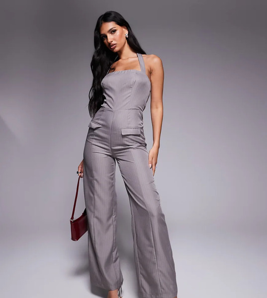  Kaiia Mono De Sastre Largo Gris De Pernera Ancha Con Raya Diplomática Y Cuello Halter Exclusivo De Kaiia-neutro 