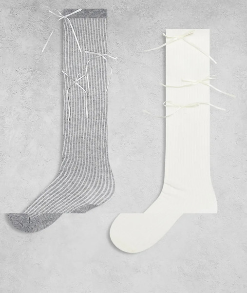  Kaiia Pack De 2 Pares De Calcetines Por La Rodilla De Color Amarillo Y Gris De Canalé Con Detalle De Lazo De Satén Exclusivo De Kaiia-multicolor 