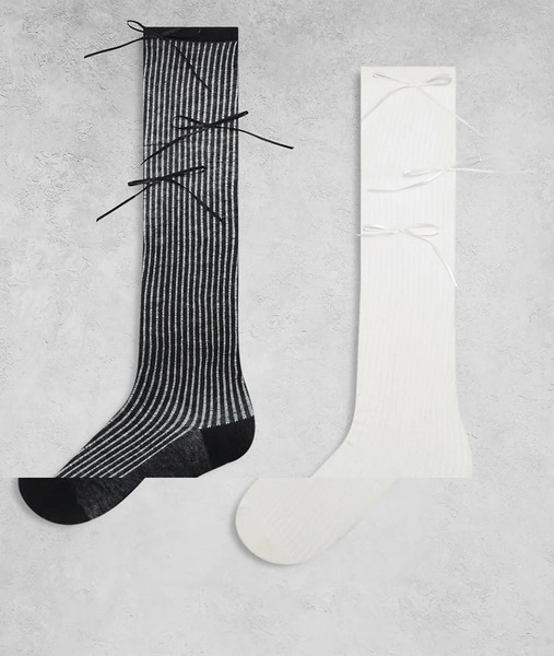  Kaiia Pack De 2 Pares De Calcetines Por La Rodilla De Color Negro Y Blanco De Canalé Con Detalle De Lazo De Satén Exclusivo De Kaiia-multicolor 
