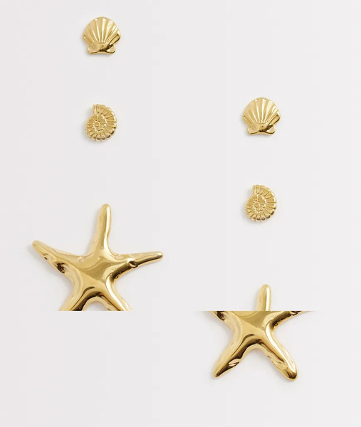  Kaiia Pack De 3 Pares De Pendientes De Botón Dorados Con Diseños De Estrella De Mar Y Concha De Acero Inoxidable De Kaiia-multicolor 