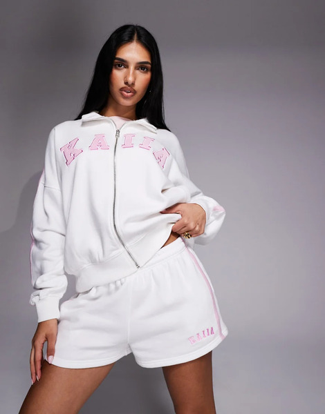  Kaiia Pantalones Cortos Blancos Y Rosas Con Logo Bordado De Tejido De Sudadera De Kaiia (parte De Un Conjunto) 