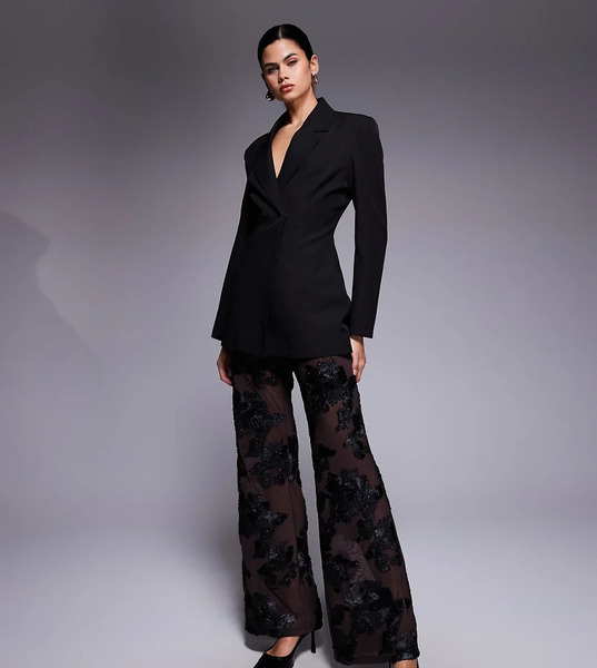  Kaiia Pantalones Marrón Chocolate De Pernera Ancha Con Apliques Florales Texturizados De Tejido Transparente Exclusivos De Kaiia (parte De Un Conjunto)-negro 