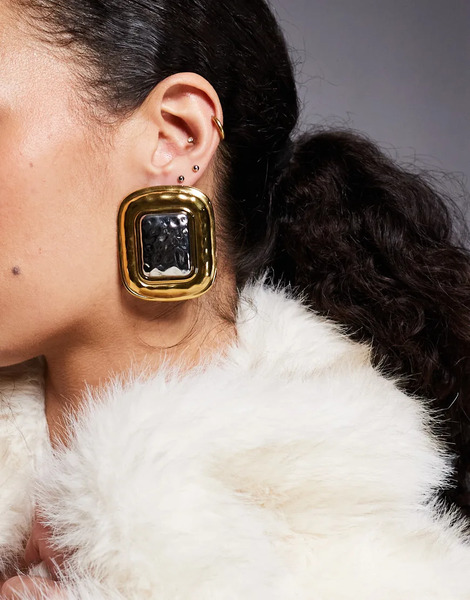  Kaiia Pendientes Dorados Y Plateados Cuadrados Extragrandes Con Diseño Texturizado Exclusivos De Kaiia-multicolor 