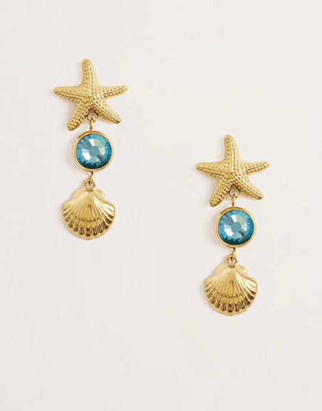  Kaiia Pendientes Largos Dorados De Acero Inoxidable Con Diseño De Estrella De Mar Y Piedra Azul Exclusivos De Kaiia-multicolor 