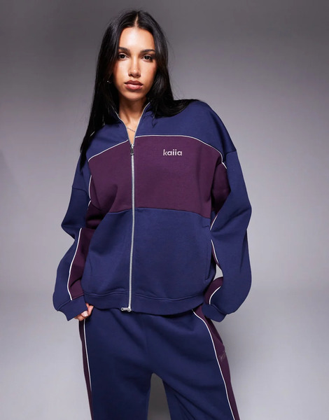  Kaiia Sudadera Azul Marino Y Burdeos A Rayas En Contraste Extragrande Con Cremallera De Tejido Rico En Algodón De Kaiia (parte De Un Conjunto)-multicolor 