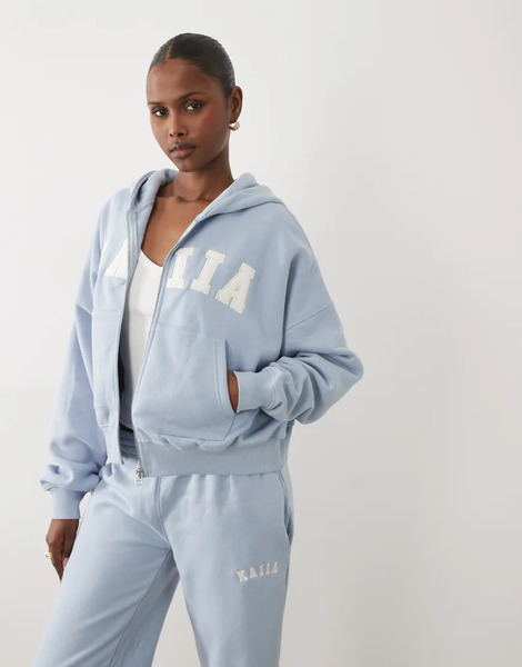  Kaiia Sudadera Azul Pastel Y Blanca Extragrande Con Capucha, Cremallera Y Logo Bordado De Tejido Rico En Algodón De Kaiia (parte De Un Conjunto)-multicolor 