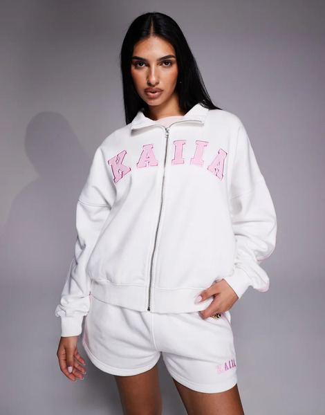  Kaiia Sudadera Blanca Y Rosa Con Cremallera, Cuello Alzado Y Logo Bordado De Kaiia (parte De Un Conjunto)-blanco 
