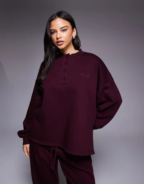  Kaiia Sudadera Burdeos Extragrande Con Cuello Panadero Y Botones De Tejido Rico En Algodón De Kaiia (parte De Un Conjunto)-rojo 