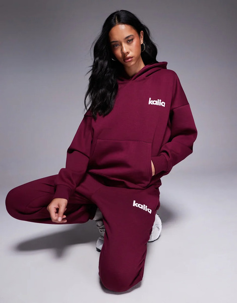  Kaiia Sudadera Burdeos Y Rosa Extragrande Con Capucha Y Logo Bordado De Tejido Rico En Algodón De Kaiia (parte De Un Conjunto)-multicolor 