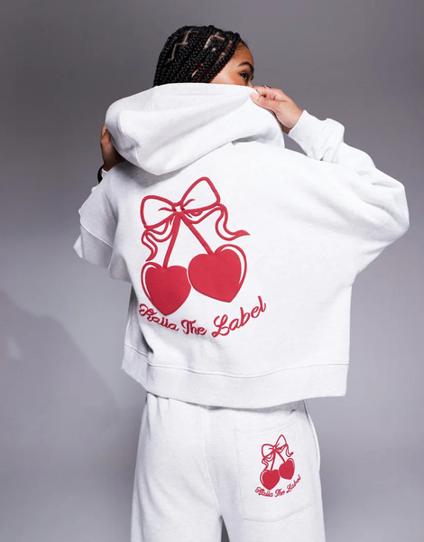  Kaiia Sudadera Corta Gris Jaspeado Y Roja Con Capucha, Cremallera Y Estampado De Cerezas En La Espalda De Tejido Rico En Algodón De Kaiia Studio (parte De Un Conjunto) 