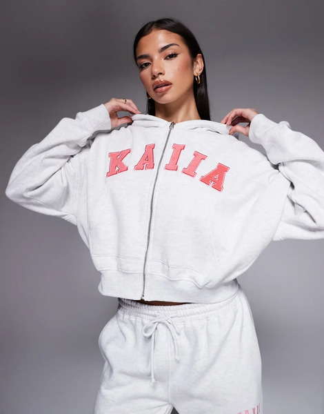  Kaiia Sudadera Gris Jaspeado Y Color Coral Extragrande Con Capucha, Cremallera Y Logo Bordado De Tejido Rico En Algodón De Kaiia (parte De Un Conjunto)-multicolor 