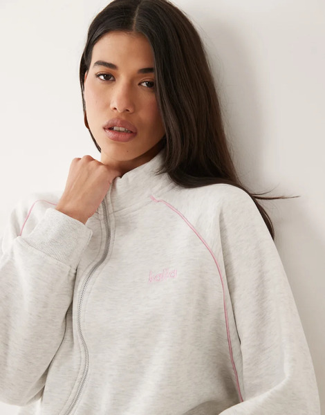 Kaiia Sudadera Gris Jaspeado Y Rosa Pastel Con Cremallera Y Logo Bordado De Tejido Rico En Algodón De Kaiia (parte De Un Conjunto) 