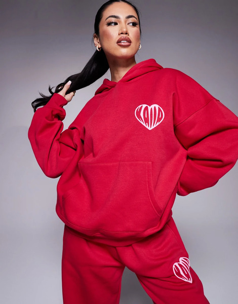  Kaiia Sudadera Roja Y Rosa Extragrande Con Capucha Y Logo De Corazón En Contraste De Mezcla De Algodón De Kaiia (parte De Un Conjunto)-rojo 