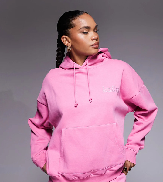  Kaiia Sudadera Rosa Intenso Extragrande Con Capucha Y Logo De Strass De Tejido Rico En Algodón Exclusiva De Kaiia (parte De Un Conjunto) 
