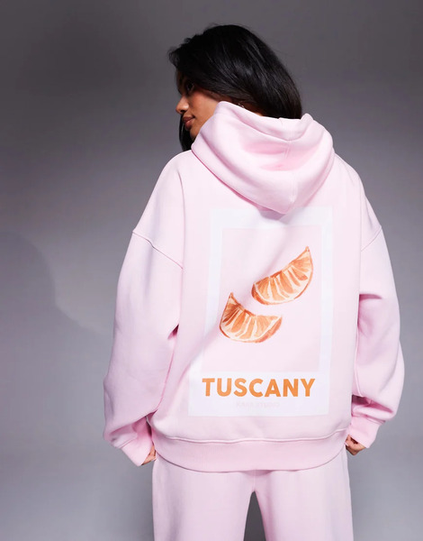  Kaiia Sudadera Rosa Pastel Extragrande Con Capucha, Estampado Gráfico De Naranja Con Texto tuscany En La Espalda Y Logo Bordado De Mezcla De Algodón De Kaiia (parte De Un Conjunto) 