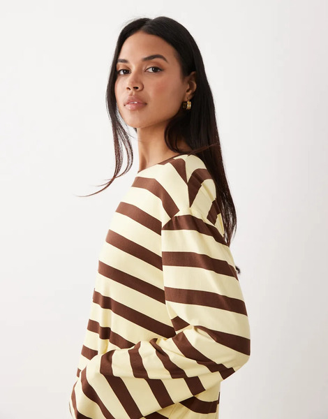  Kaiia Top A Rayas Amarillo Limón Y Marrón Chocolate Extragrande De Manga Larga Con Cuello Redondo De Punto Liso Muy Suave De Kaiia (parte De Un Conjunto)-multicolor 