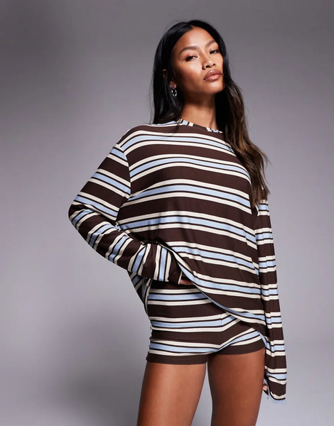  Kaiia Top A Rayas Marrones Y Azules Extragrande De Manga Larga Con Cuello Redondo De Punto Supersuave Exclusivo De Kaiia (parte De Un Conjunto)-multicolor 